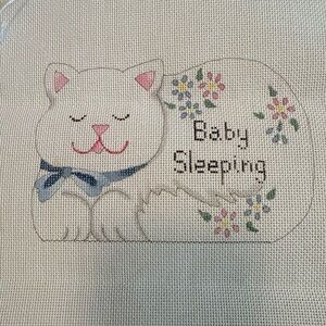 Needlepoint Baby Sleeping With White Floral kitten Kitten canvas 18M
